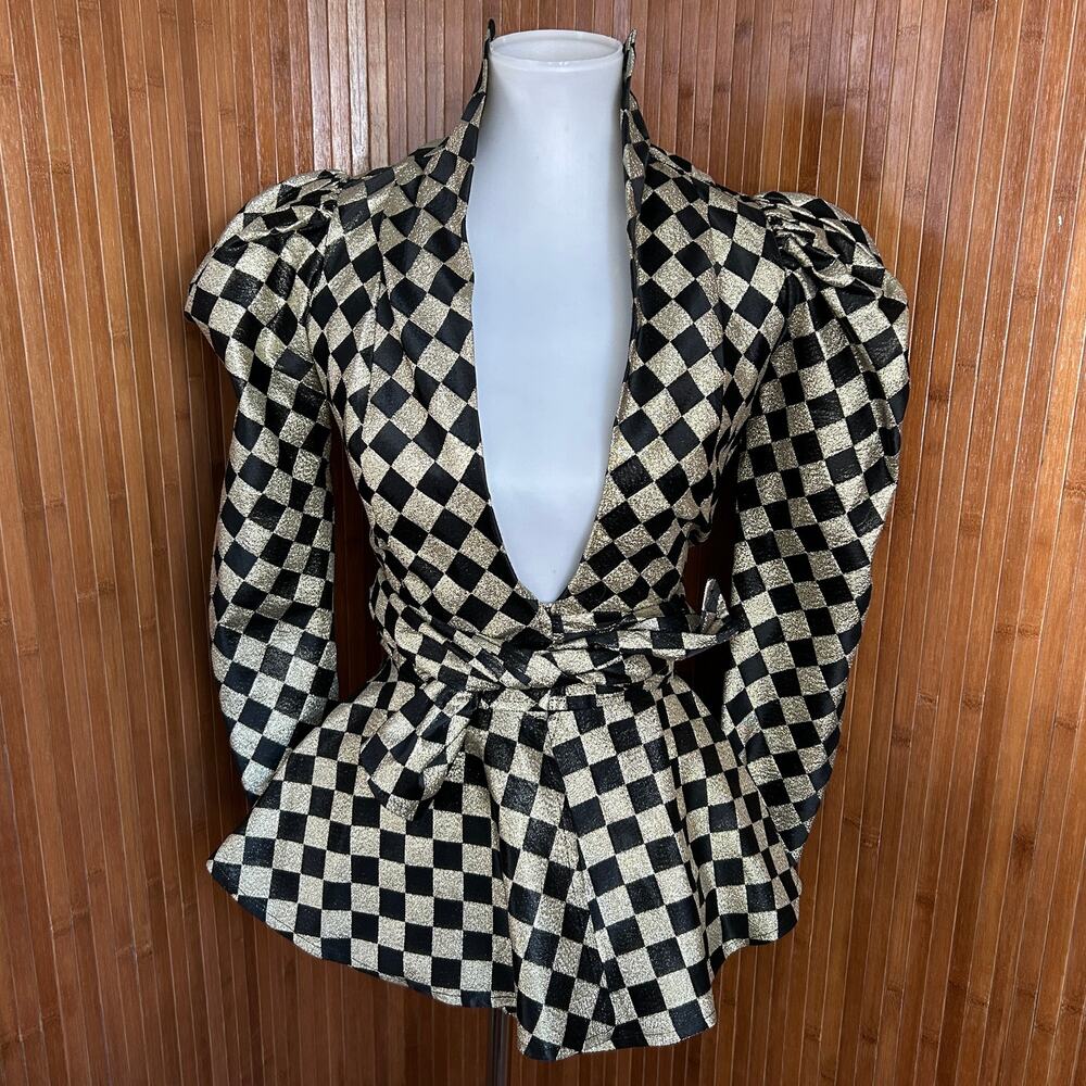 Vintage 80s Neo California Gold Black Checkerboard
Peplum Jacket Top XS